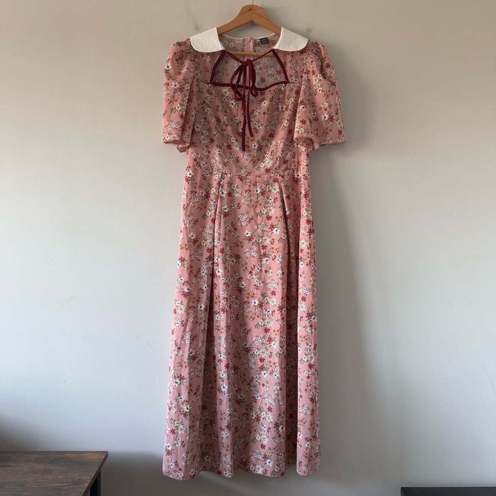 SHEIN Floral Milk Maid Midi Dress Size Medium Collar Short Sleeve Servant Modest